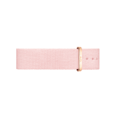 Light pink NATO style watch strap in recycled polyester with a rose gold buckle and multiple adjustment holes, designed for Daniel Wellington watches.