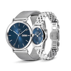 Classic Day & Ophelia Mini Arctic Silver Set featuring a men’s watch with a textured blue dial, day display, and silver mesh strap, paired with an elegant oval women’s watch with a blue dial, Roman numerals, and a polished silver link bracelet.