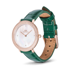 Crystalline Bezel Green Croc Rose Gold ladies watch with a rose gold-plated case, crystal-set bezel, white mother of pearl dial, and an emerald green crocodile-embossed leather strap.