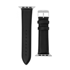 Smartwatch Leather Strap Sheffield Silver for Apple Watch Ultra, featuring smooth black Sheffield leather, subtle stitching, and a polished silver pin buckle with stainless steel hardware, shown with both strap sections and connector fittings.