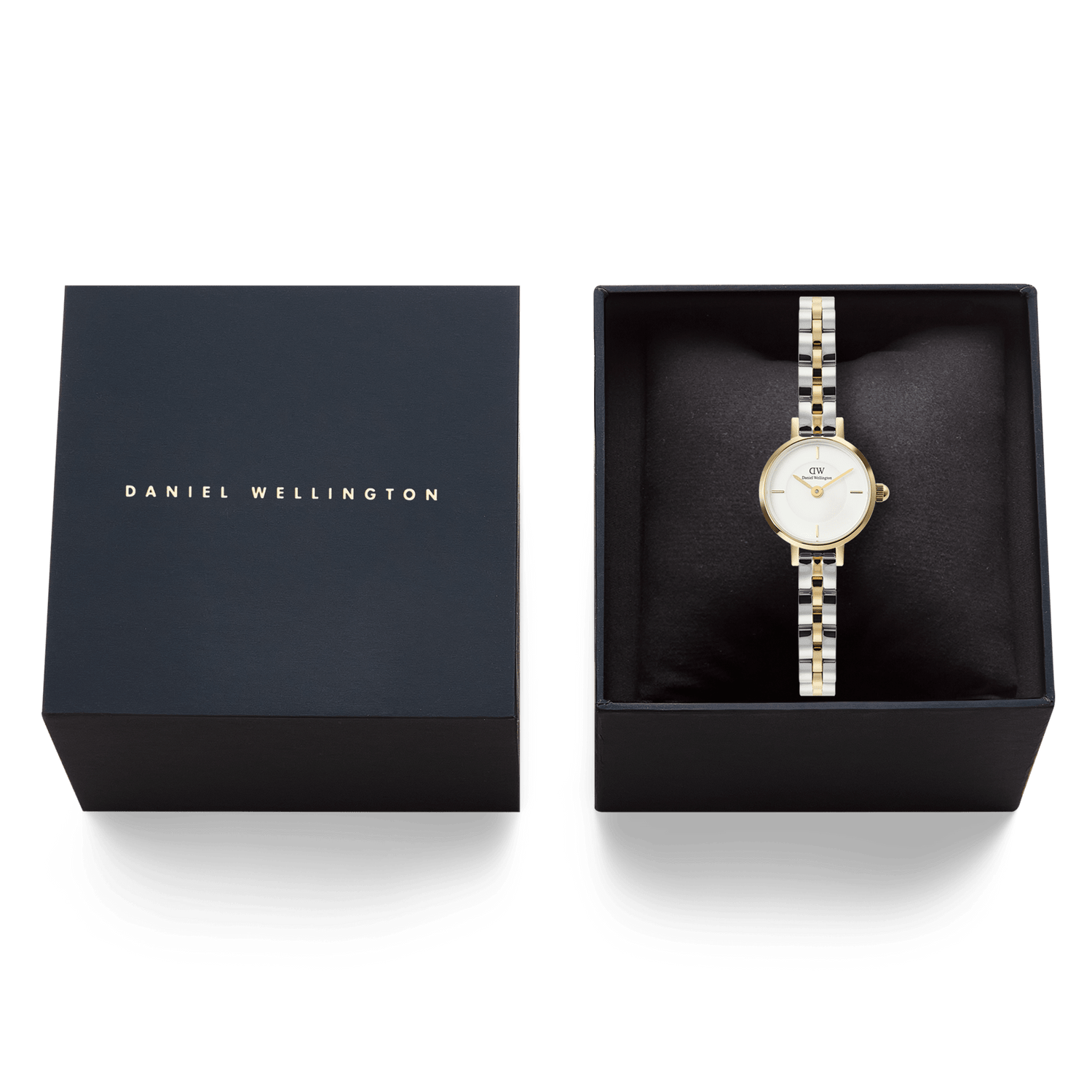 Petite Mini Arch 3-Link Two Tone Gold ladies watch with a gold and silver 3-link bracelet and white dial, elegantly presented in a black Daniel Wellington gift box.