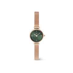 Petite Mini Emerald Melrose watch featuring a 19mm rose gold case, emerald green sunray dial with inner ring detail, and a slim rose gold mesh strap.