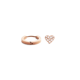 Rose gold hoop earring and crystal heart stud from the Hoop + Crystal Heart Stud Rose Gold Set, featuring a smooth finish and sparkling clear crystals for a modern, versatile look.