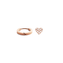 Rose gold hoop earring and crystal heart stud from the Hoop + Crystal Heart Stud Rose Gold Set, featuring a smooth finish and sparkling clear crystals for a modern, versatile look.