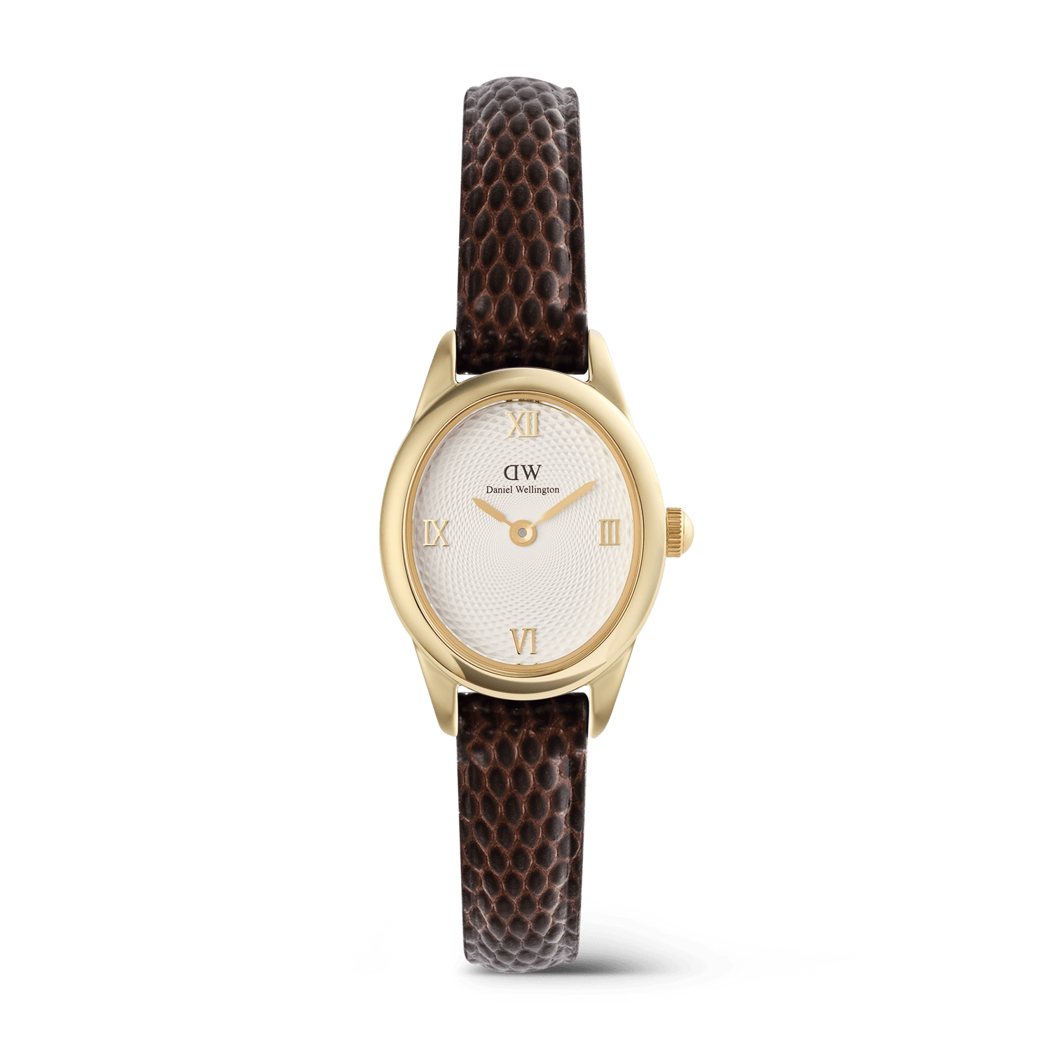 Ophelia Mini Dark Brown Lizard White Guilloché Gold watch featuring a petite oval gold case, white guilloché dial with gold Roman numerals, and a slim dark brown lizard-embossed leather strap.