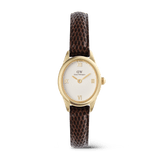 Ophelia Mini Dark Brown Lizard White Guilloché Gold watch featuring a petite oval gold case, white guilloché dial with gold Roman numerals, and a slim dark brown lizard-embossed leather strap.