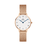 Rose gold ladies watch with a slim mesh strap, white Roman numeral dial, and blue steel hands, featuring the Petite Roman Numerals Melrose design from Daniel Wellington.
