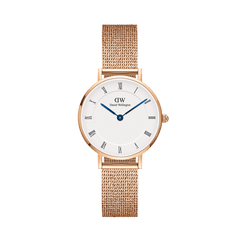 Rose gold ladies watch with a slim mesh strap, white Roman numeral dial, and blue steel hands, featuring the Petite Roman Numerals Melrose design from Daniel Wellington.