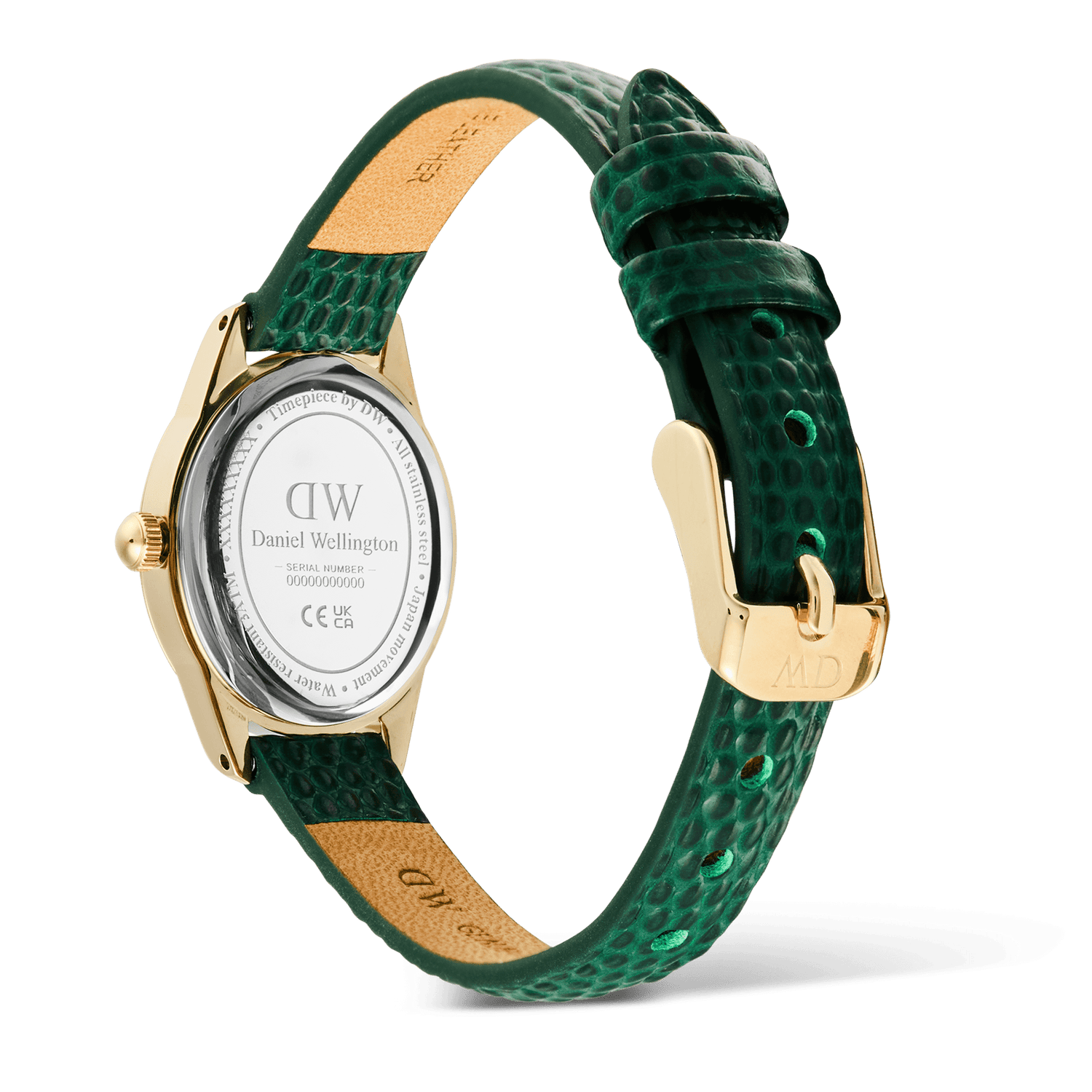 Back view of the Daniel Wellington Ophelia Mini Green Lizard White Guilloché Gold watch, featuring a polished gold case, engraved case back, and a green lizard-embossed leather strap with a gold pin buckle.