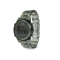 Retro Digital Dark Green watch with a transparent dark green link bracelet, round black digital dial, and LED display, featuring chronograph and dual time functions.