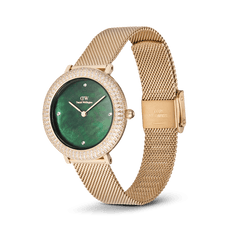 Crystalline Bezel Evergold Green ladies gold watch with a green mother of pearl dial, crystal-set bezel, and an adjustable gold mesh strap, designed for a refined and versatile style.