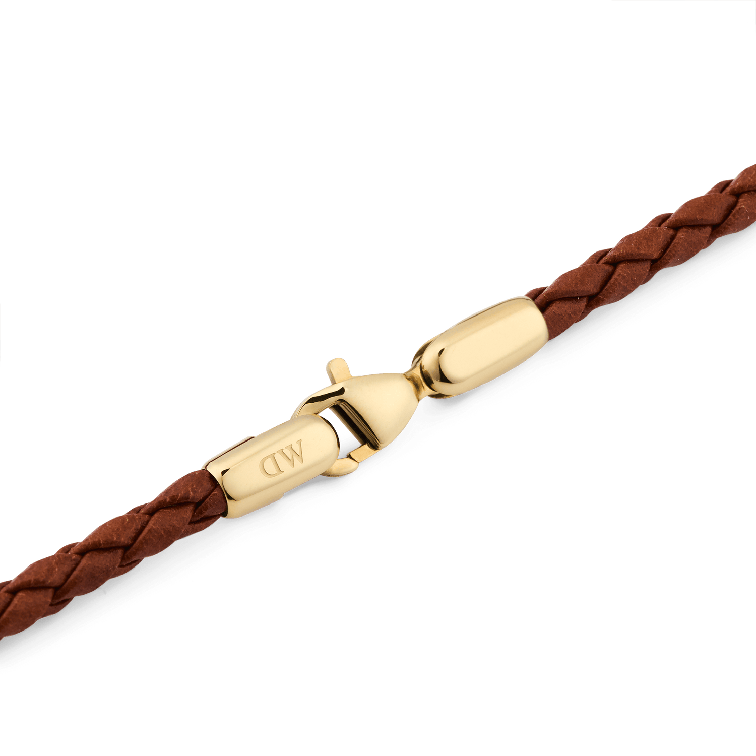 Detail of the Daniel Braided Leather Bracelet St Mawes 2.8 Gold, highlighting the gold-tone stainless steel lobster clasp and the slim, braided brown leather.