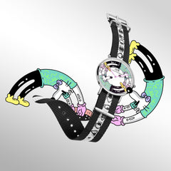 Steven Harrington x Daniel Wellington watch with a multicolour printed dial and black and white illustrated NATO strap, showcased with playful cartoon artwork reflecting the collaboration’s creative style.