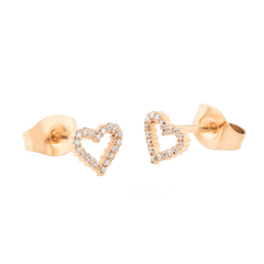 Mirelle Heart Earring Rose Gold studs with an open heart design, crafted in rose gold and set with white cubic zirconia crystals, shown with secure butterfly backs.