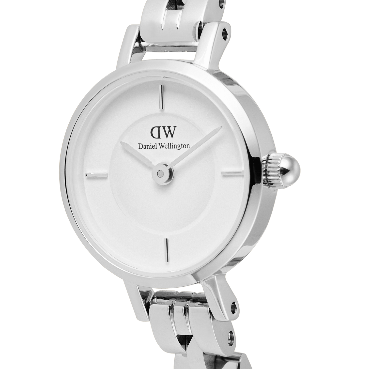 Close-up of the Petite Mini Arch 3-link White Silver watch showing its minimalist white dial, polished silver indices, and arched stainless steel three-link bracelet with a refined, modern finish.