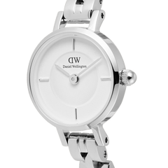 Close-up of the Petite Mini Arch 3-link White Silver watch showing its minimalist white dial, polished silver indices, and arched stainless steel three-link bracelet with a refined, modern finish.