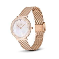Crystalline Bezel Melrose rose gold ladies watch with a crystal-set bezel, white mother of pearl dial, and an adjustable rose gold mesh strap, offering a sophisticated and versatile accessory for everyday wear.