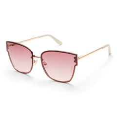 Grande Steel Pink Gradient Rose Gold sunglasses with oversized square pink gradient lenses, rose gold plated stainless steel frame, and cream acetate temple tips, shown from a side angle.