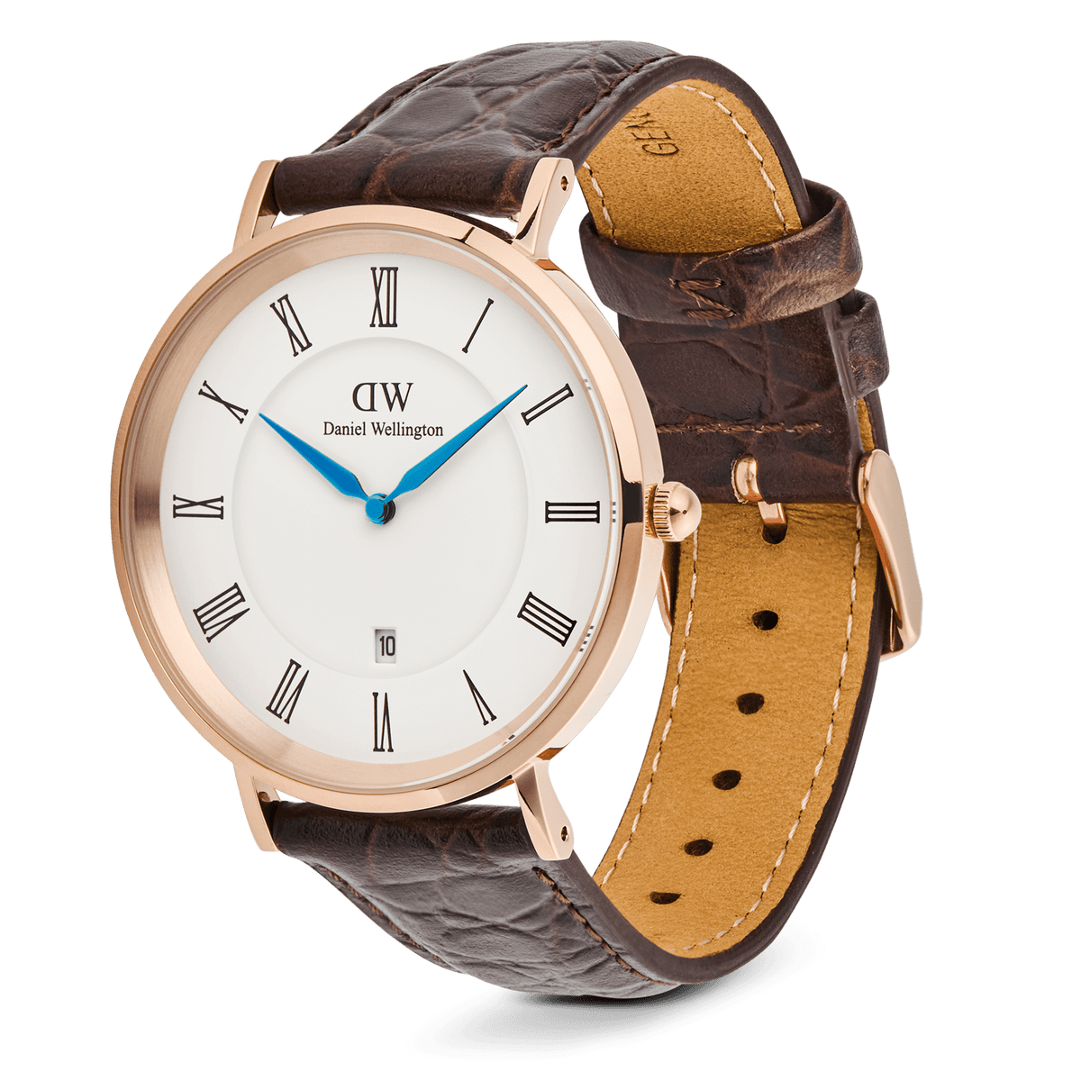 Classic Roman Numerals Date Dark Brown Croc Belly Rose Gold men’s watch with a polished rose gold case, crisp white dial, black Roman numerals, blue hands, date display, and a brown croc-embossed leather strap with pin buckle closure.