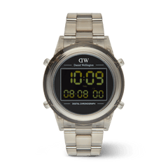 Retro Digital Light Grey Light Grey watch featuring a transparent light grey link strap, round case, and clear digital display with chronograph and dual time functions.