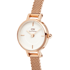 Petite Mini Melrose ladies watch with a 19mm round white dial and a rose gold mesh strap, featuring minimalist hour markers and a slim, elegant design suitable for everyday wear.