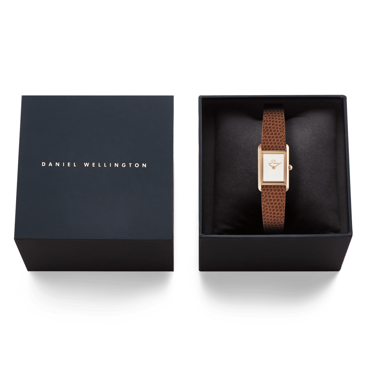 Daniel Wellington Bound Mini Light Brown Lizard Rose Gold watch presented in a black gift box, showing the slim rectangular case and brown lizard-textured leather strap alongside the branded box lid.