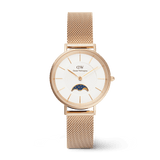 Rose gold Petite Lune Melrose ladies watch with a mesh strap, white dial, and moon-phase sub-dial, featuring elegant proportions and a refined finish suitable for both formal and casual wear.