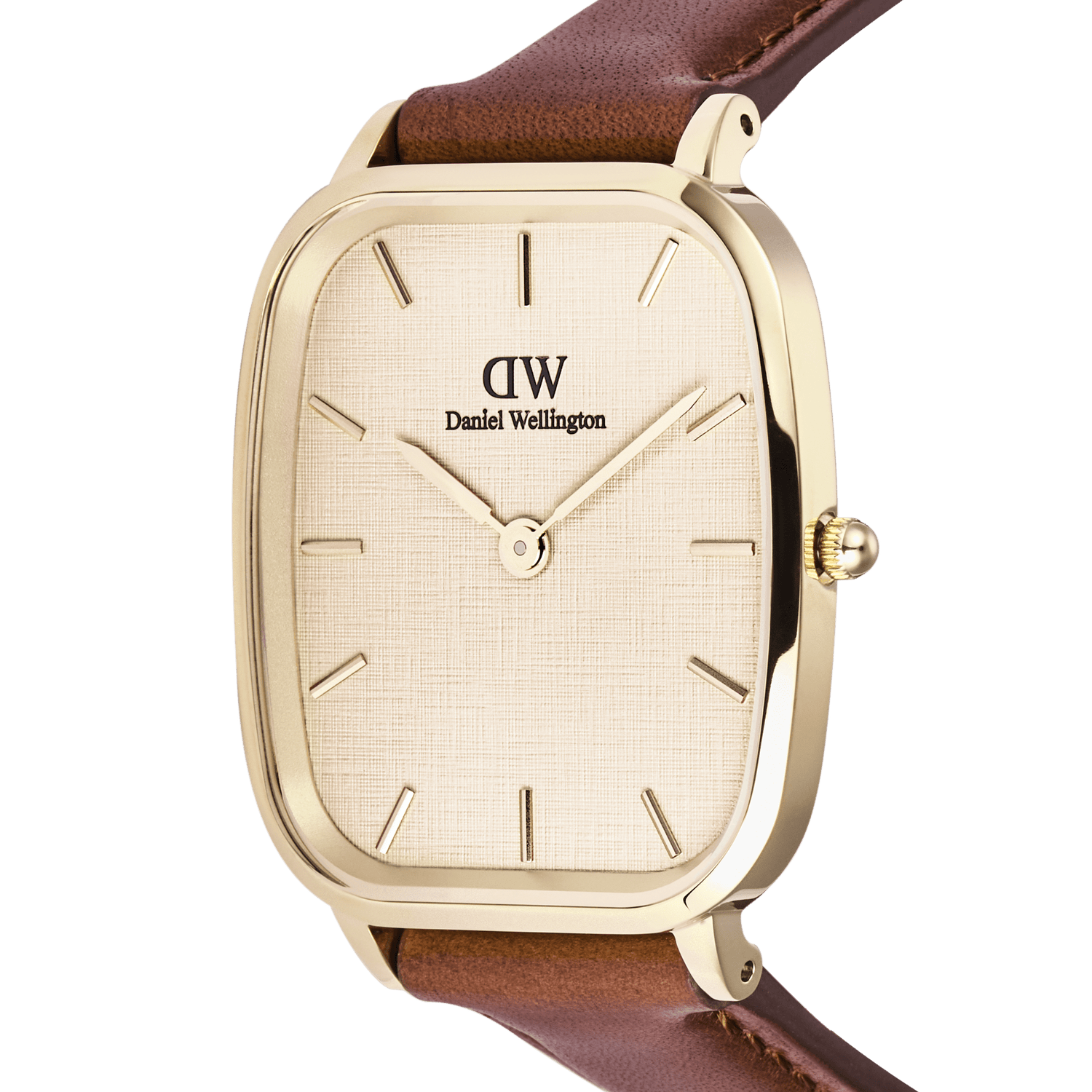 Close-up of the Daniel Wellington Marlon St Mawes Linen Gold men’s watch, featuring a cushion-shaped gold case, linen-textured dial, minimalist gold-tone hour markers, and a brown leather strap.