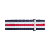 Canterbury Strap Silver featuring navy, white, and red stripes with a polished silver buckle, designed as a comfortable and durable NATO style watch strap for easy daily wear.