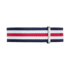 Canterbury Strap Silver featuring navy, white, and red stripes with a polished silver buckle, designed as a comfortable and durable NATO style watch strap for easy daily wear.
