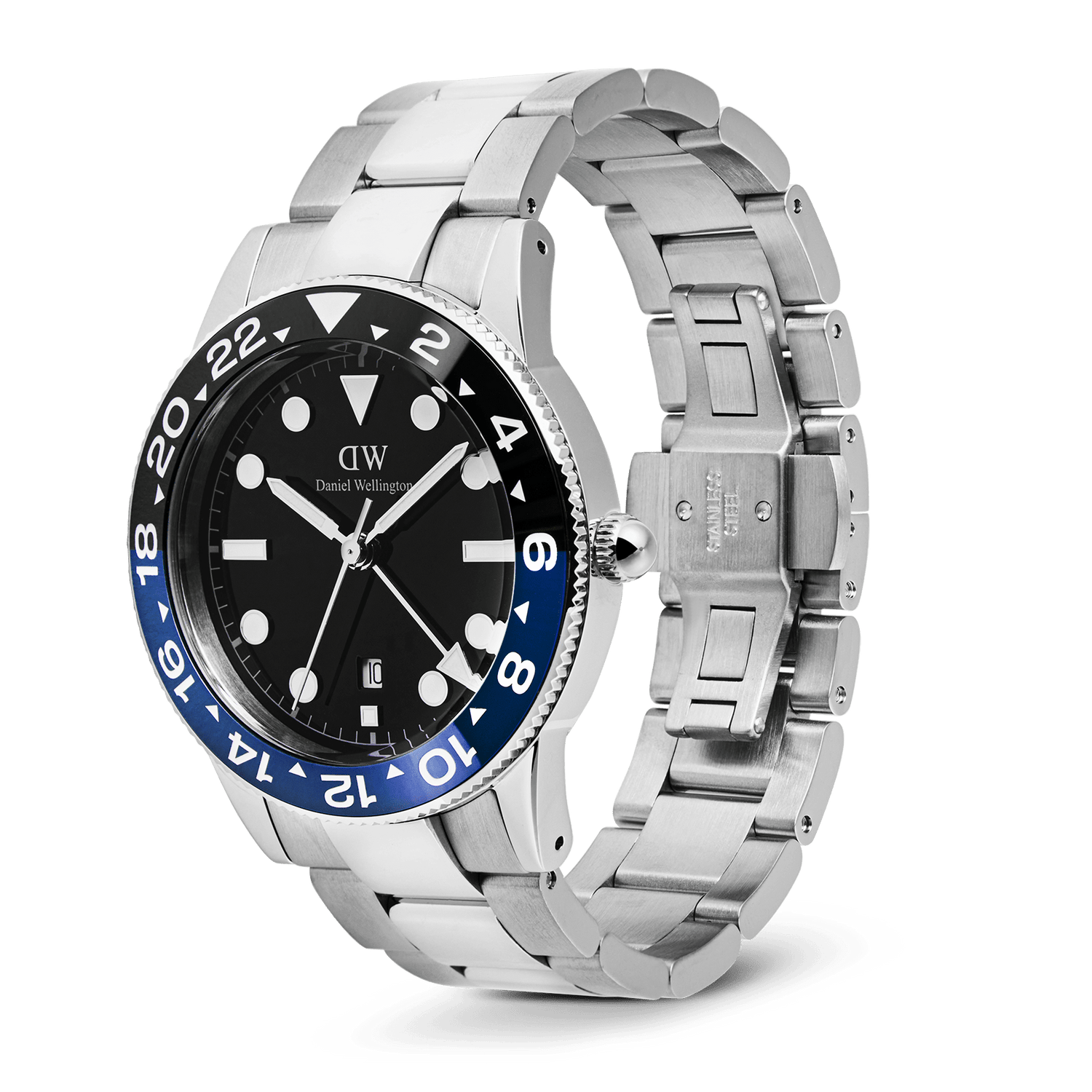 Daniel Wellington Iconic GMT Link Black Blue Ceramic Bezel Silver watch with a black dial, blue and black ceramic bezel, and a stainless steel bracelet featuring a butterfly clasp.