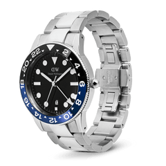 Daniel Wellington Iconic GMT Link Black Blue Ceramic Bezel Silver watch with a black dial, blue and black ceramic bezel, and a stainless steel bracelet featuring a butterfly clasp.