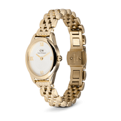 Ophelia Mini Gold watch featuring a petite oval case, white sunray dial with gold Roman numerals, and a polished gold 5-link bracelet with an open butterfly clasp.