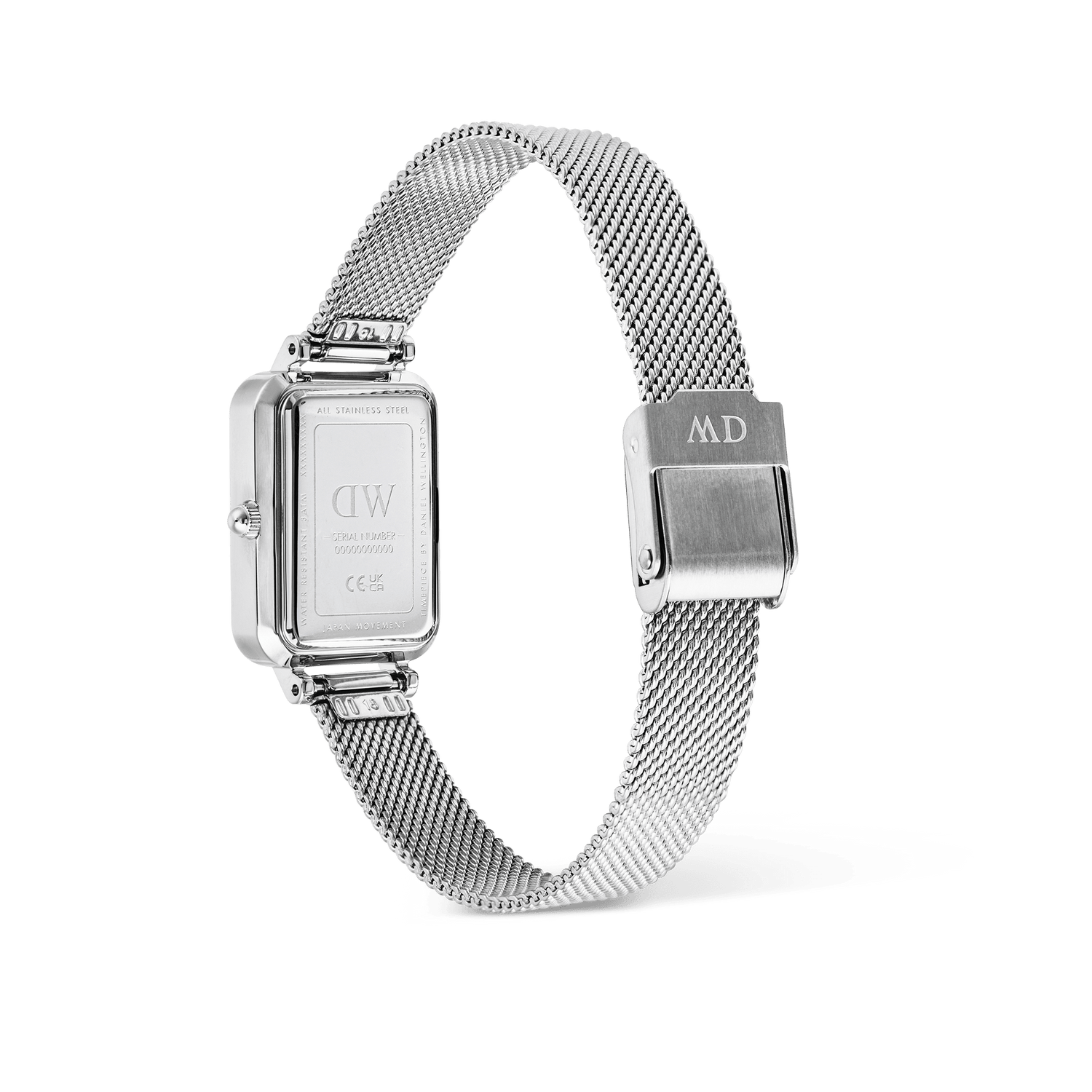Rear view of the Quadro Sterling Roman Numerals Date ladies watch, showing the rectangular stainless steel case, engraved back, and adjustable silver mesh strap with a fold-over clasp.