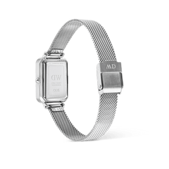 Rear view of the Quadro Sterling Roman Numerals Date ladies watch, showing the rectangular stainless steel case, engraved back, and adjustable silver mesh strap with a fold-over clasp.