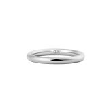A slim, polished silver ring with a minimalist curved band and discreet inner logo, crafted from stainless steel and designed for versatile, everyday wear.