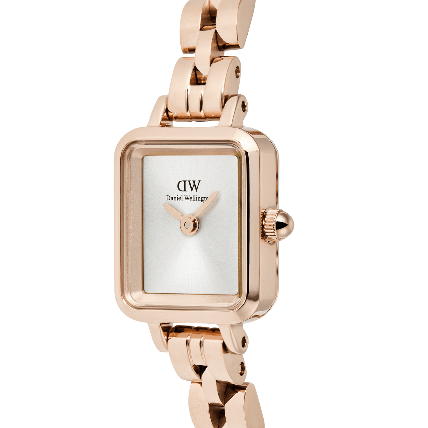 Close-up of the Quadro Mini Arch 3-link White Sunray Rose Gold watch showing the rectangular case, minimalist white sunray dial, and polished rose gold bracelet links.