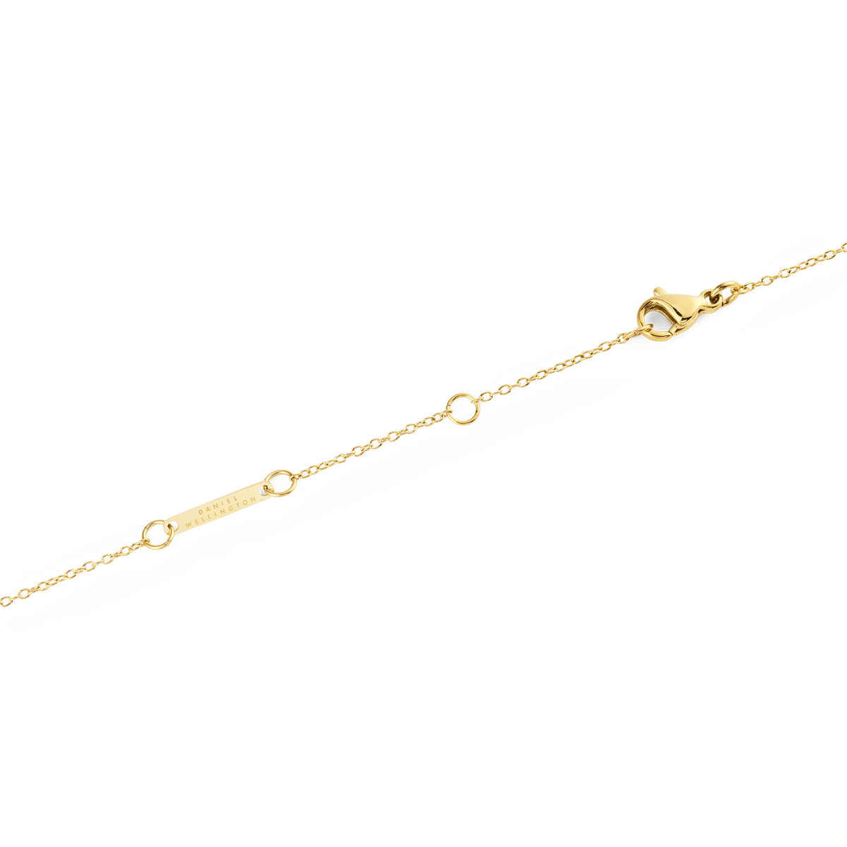 Detail of the Pearl Necklace Gold showing the adjustable gold-toned chain with secure clasp and branded tag, designed for a comfortable and personalised fit.
