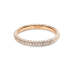 Elegant Pavé Ring Rose Gold 3 mm featuring a slim rose gold band set with three rows of sparkling white cubic zirconia crystals, perfect for stacking or wearing alone.
