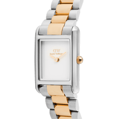 Close-up of the Daniel Wellington Bound Mini 3-Link Two Tone Rose Gold watch, showing the rectangular silver and rose gold case, minimalist white dial, and polished three-link bracelet.