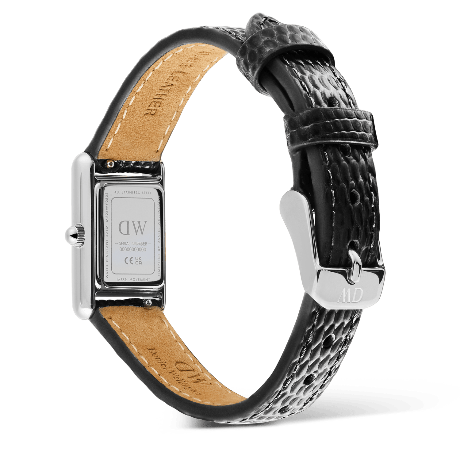 Rear view of the Daniel Wellington Bound Mini Black Lizard Silver ladies watch showing the stainless steel case back, engraved details, and adjustable black lizard grain leather strap with a polished silver buckle.