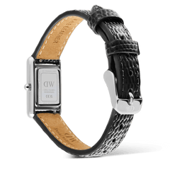 Rear view of the Daniel Wellington Bound Mini Black Lizard Silver ladies watch showing the stainless steel case back, engraved details, and adjustable black lizard grain leather strap with a polished silver buckle.