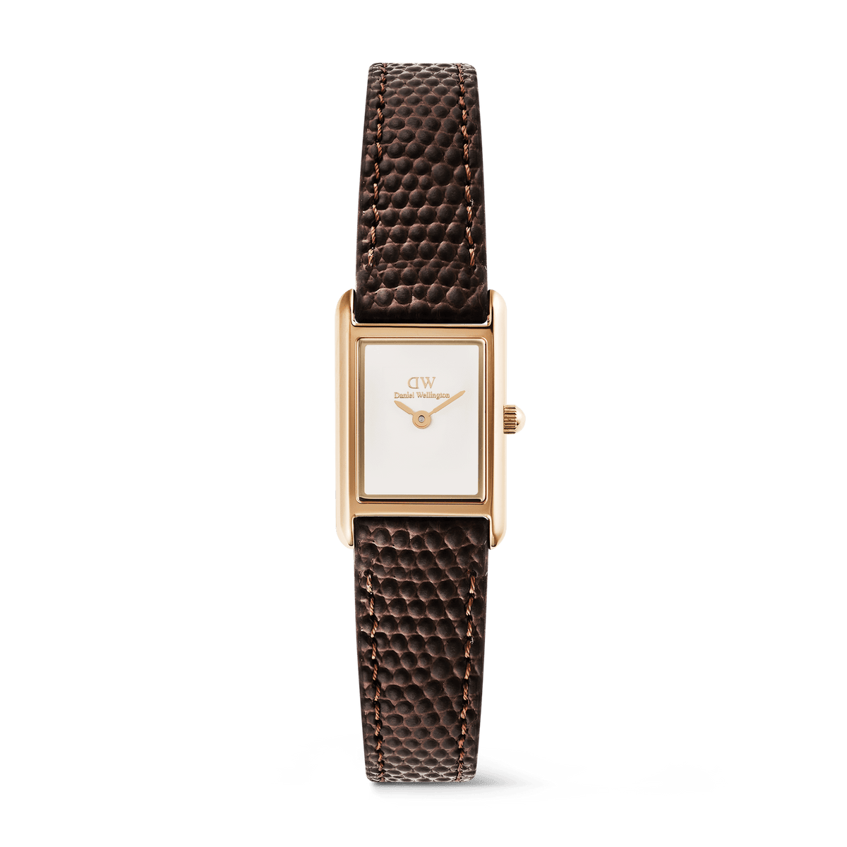 Rose gold ladies watch with a petite rectangular case, minimalist white dial, and dark brown lizard-grain leather strap, designed for daily wear and easy pairing with both professional and casual outfits.