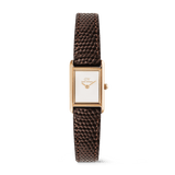 Rose gold ladies watch with a petite rectangular case, minimalist white dial, and dark brown lizard-grain leather strap, designed for daily wear and easy pairing with both professional and casual outfits.