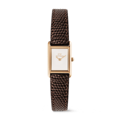 Rose gold ladies watch with a petite rectangular case, minimalist white dial, and dark brown lizard-grain leather strap, designed for daily wear and easy pairing with both professional and casual outfits.