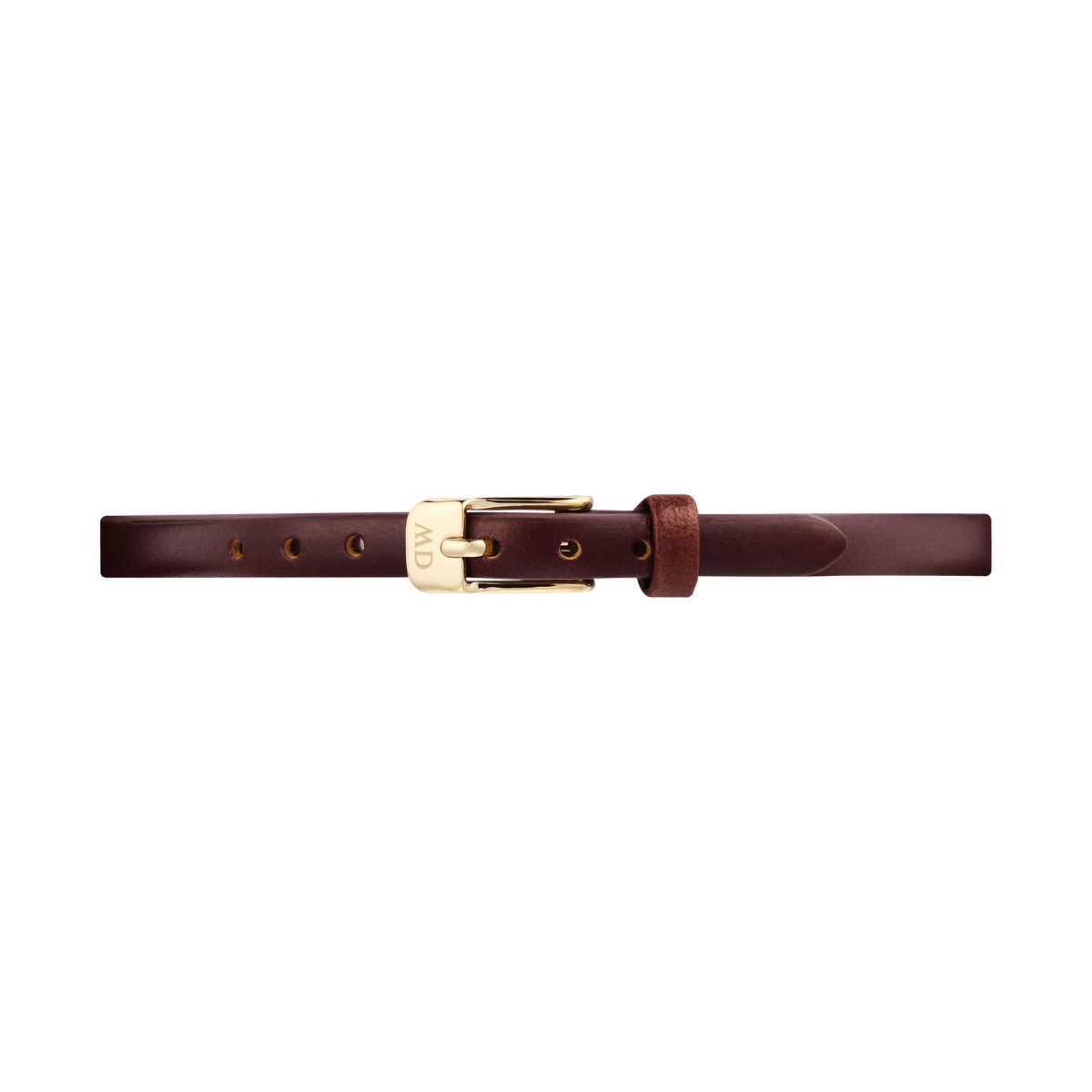 Slim brown genuine leather watch strap for women with a polished gold pin buckle, designed for smaller watch faces and featuring a smooth finish for a refined, versatile look.