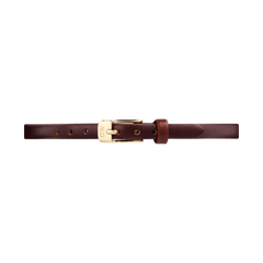 Slim brown genuine leather watch strap for women with a polished gold pin buckle, designed for smaller watch faces and featuring a smooth finish for a refined, versatile look.