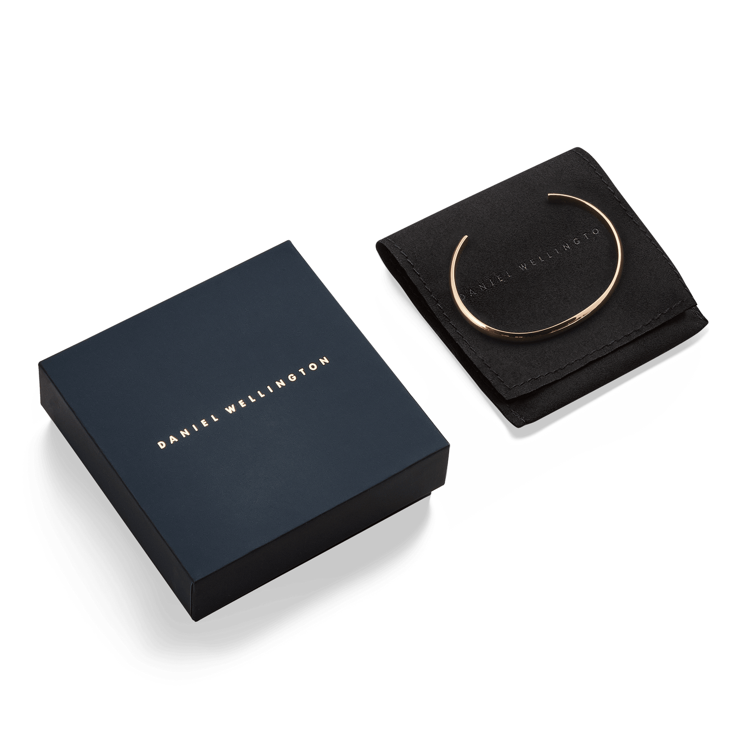 Arch Cuff Rose Gold 6mm bracelet displayed on a branded black pouch next to a sleek navy Daniel Wellington gift box, highlighting its elegant presentation for gifting.