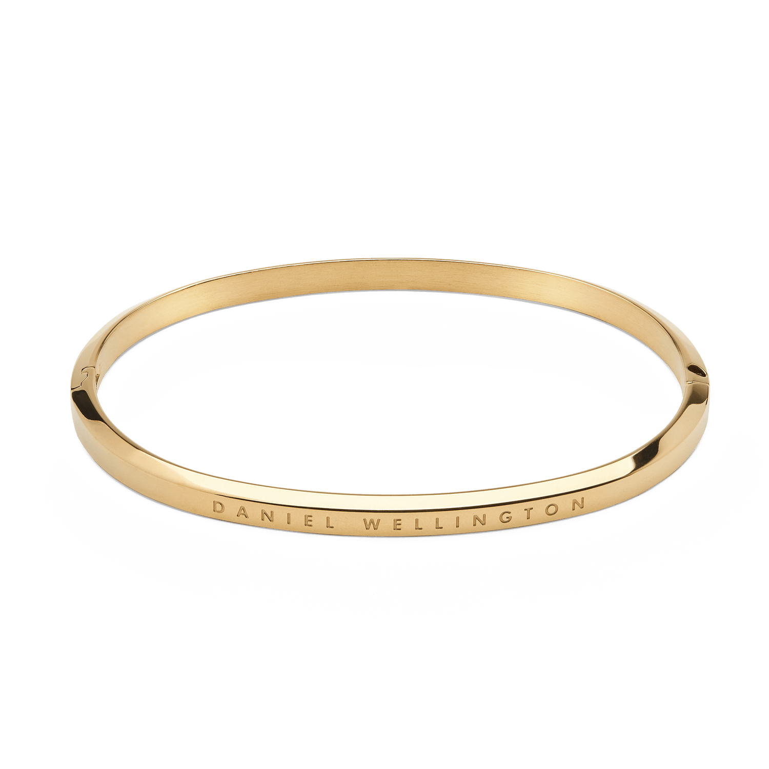 Classic Bangle Gold is shown with a polished gold finish and minimalist silhouette, featuring Daniel Wellington branding engraved on the outer edge and a discreet hinge for secure fastening.