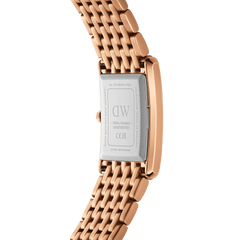 Back view of the Bound 9-Link Emerald Sunray ladies watch, showing the stainless steel case, engraved details, and the integrated rose gold 9-link bracelet.